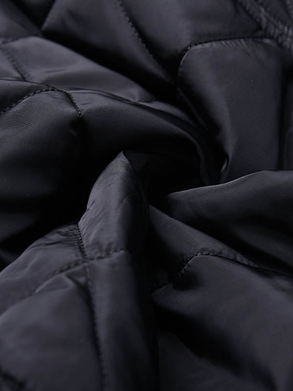 Long Sleeves Loose Plaid Quilted Solid Color Split-Joint Tied Collarless Outerwear Padded Coat