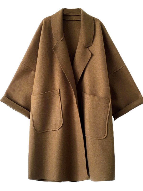 Long Sleeves Loose Buttoned Pockets Solid Color Split-Joint Notched Collar Woolen Coat