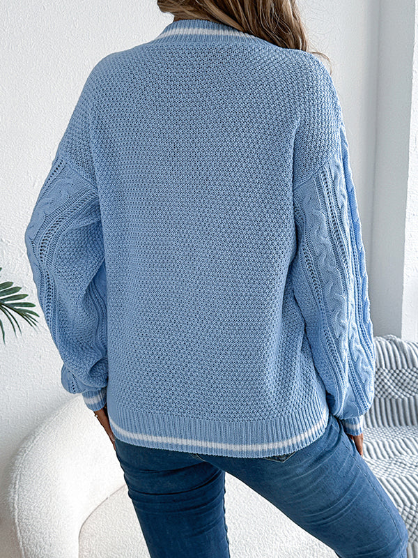 Long Sleeves Puff Sleeves Cable Knit Contrast Color Split-Joint V-Neck Knit Top Sweater Tops