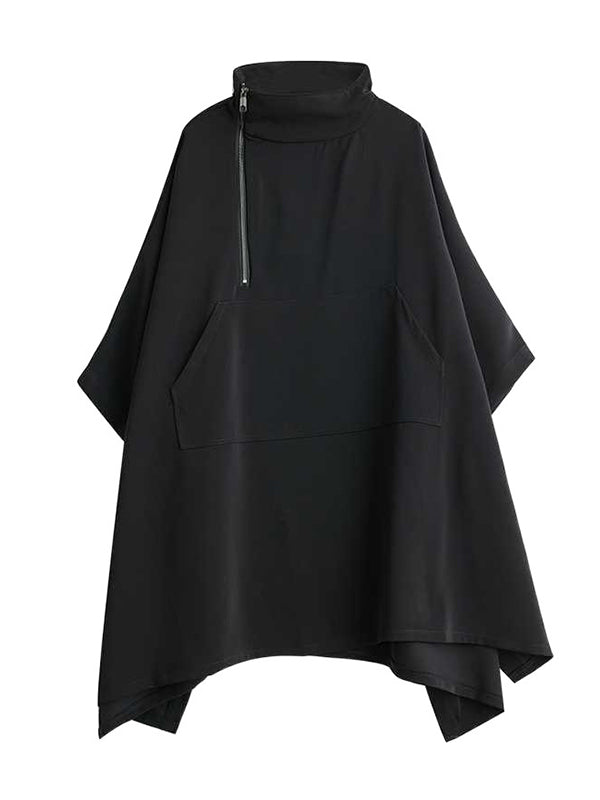 Batwing Sleeves Loose Buttoned Pockets Solid Color Zipper Mock Neck Sweatshirt Tops