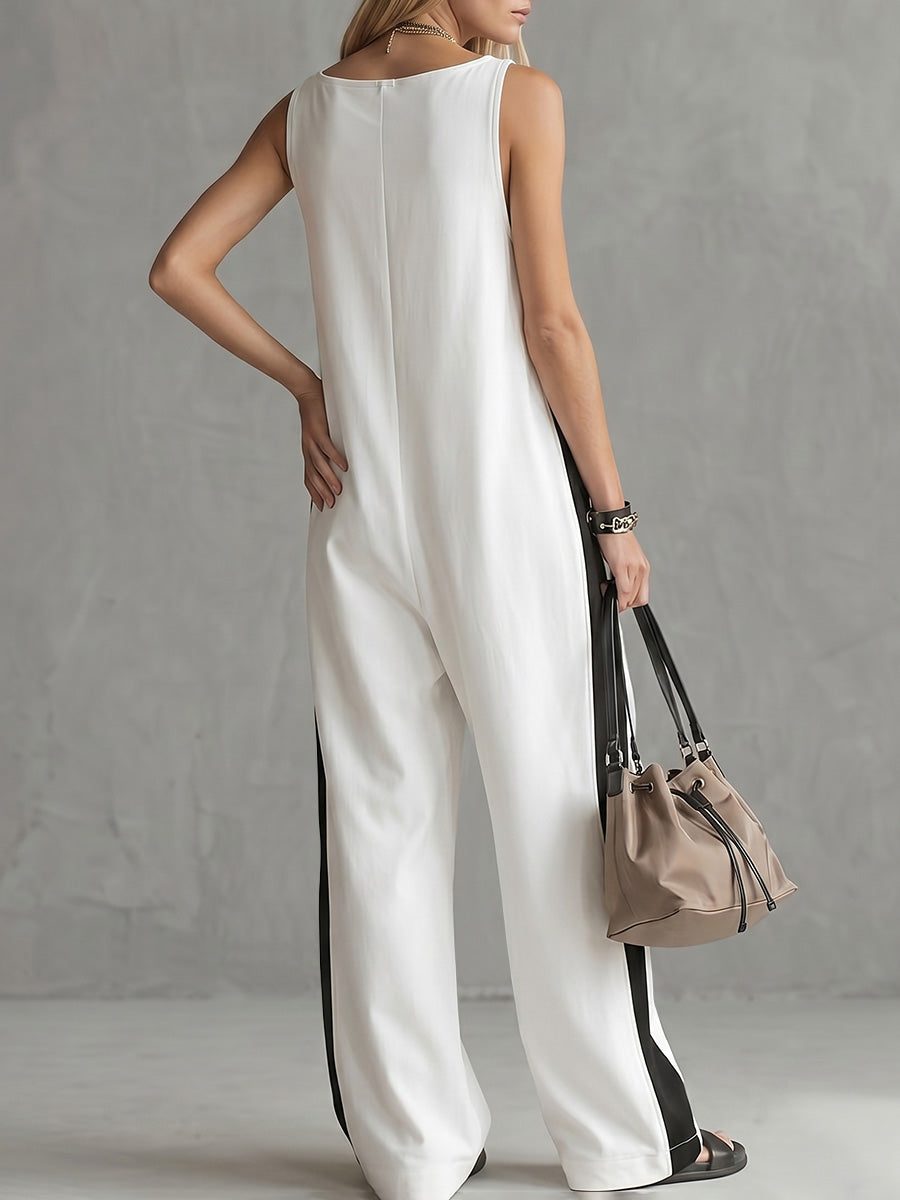 Loose Sleeveless Contrast Color Pockets Zipper V-Neck Jumpsuits