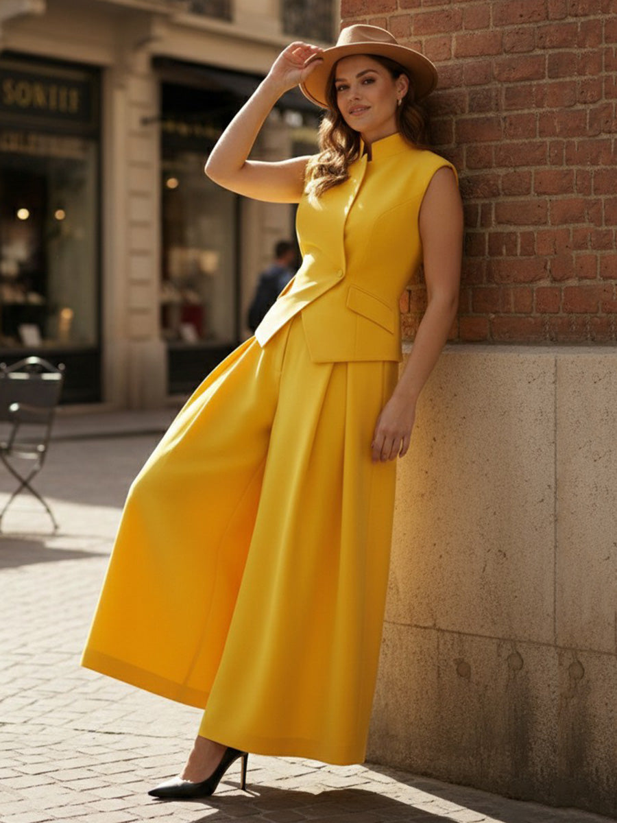 Elasticated Waist High Waisted Asymmetric Buttoned Solid Color Split-Joint Stand Collar Tank Top