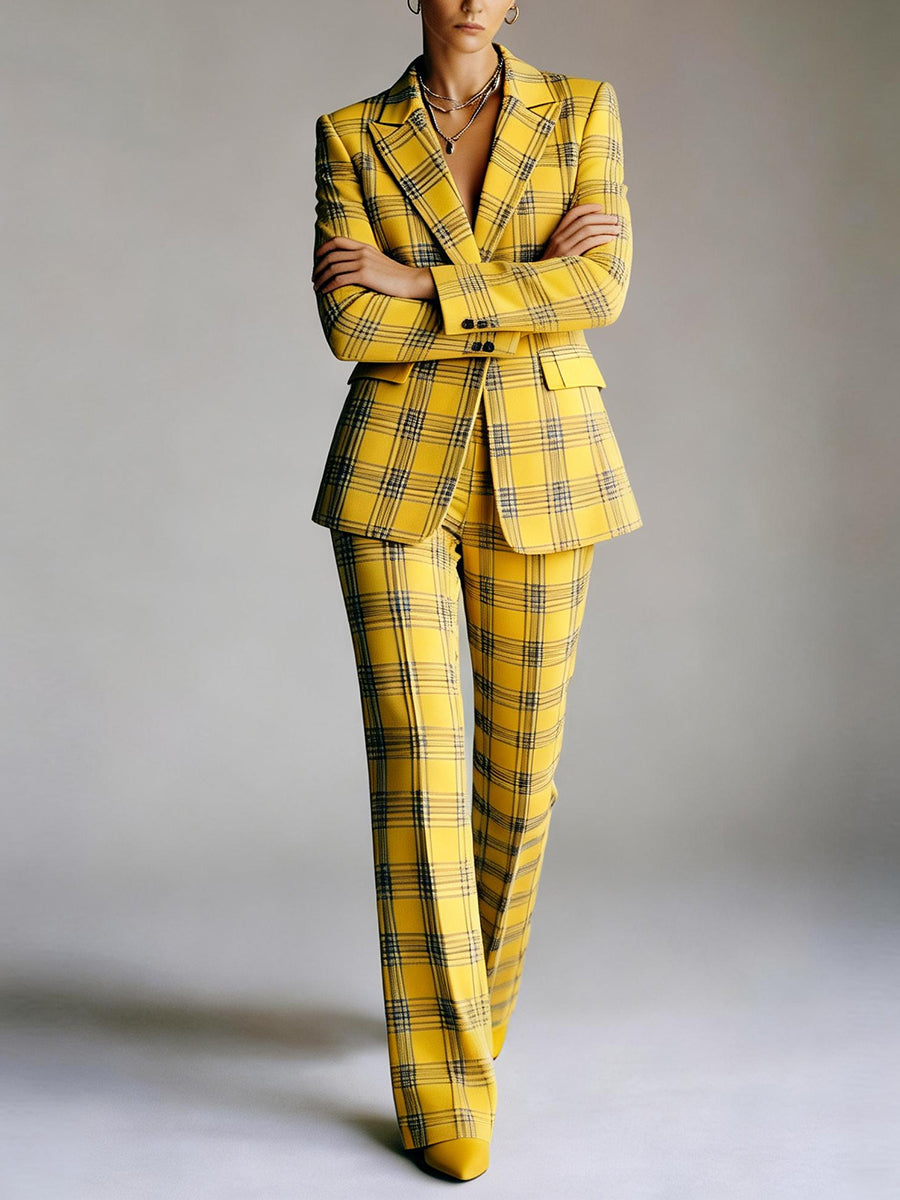 Column Loose Contrast Color Plaid Split-Joint Blazer Pants