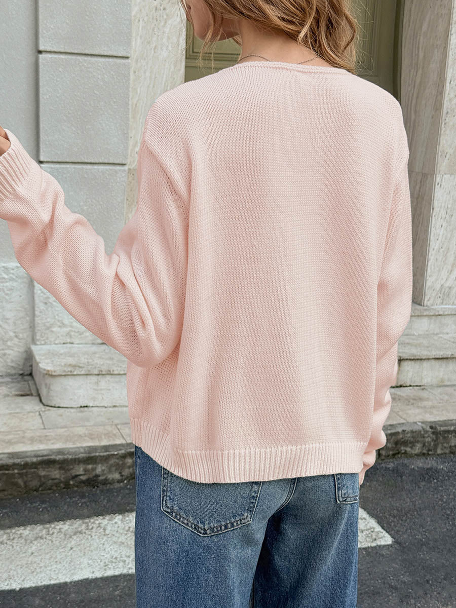 Long Sleeves Loose Buttoned Pockets Solid Color Split-Joint Round-Neck Cardigan Tops