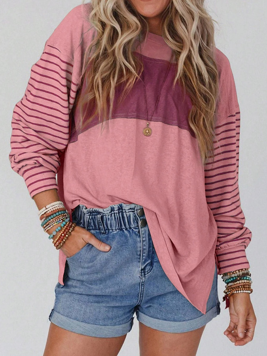 Long Sleeves Loose Contrast Color Split-Joint Striped Round-Neck Blouses&Shirts Tops