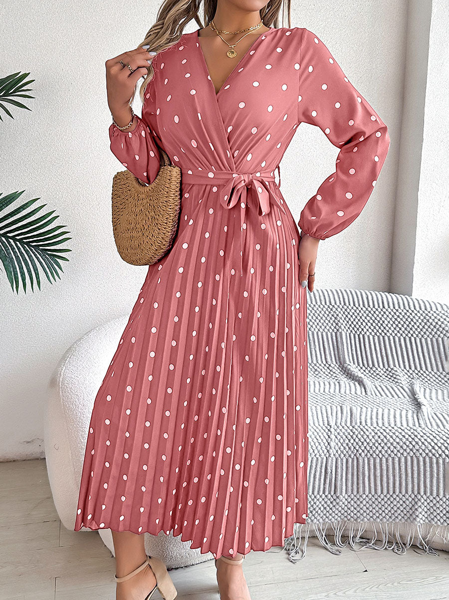 High Waisted Long Sleeves Pleated Polka Dot Tied Waist V-Neck Maxi Dresses Shirt Dress