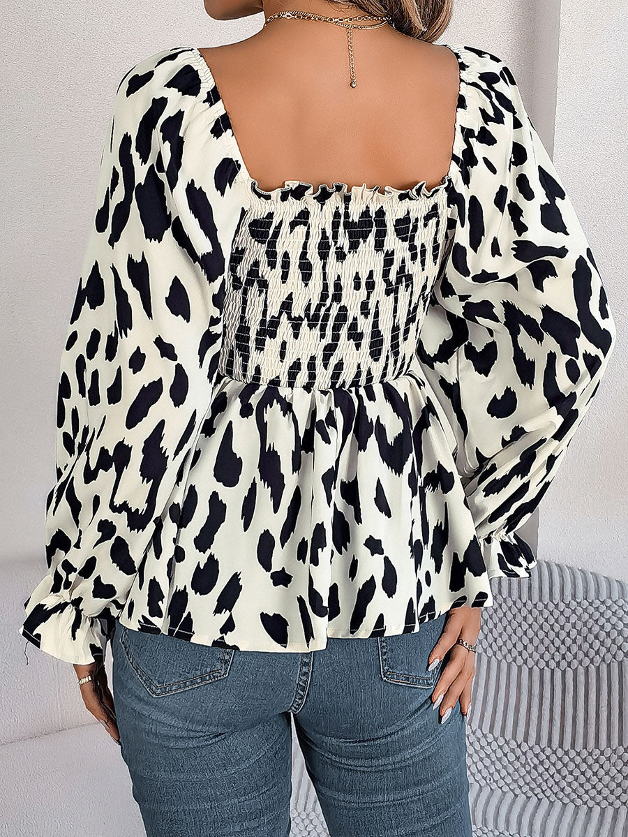 Long Sleeves Puff Sleeves Leopard Pleated Ruffled Square-Neck T-Shirts Tops