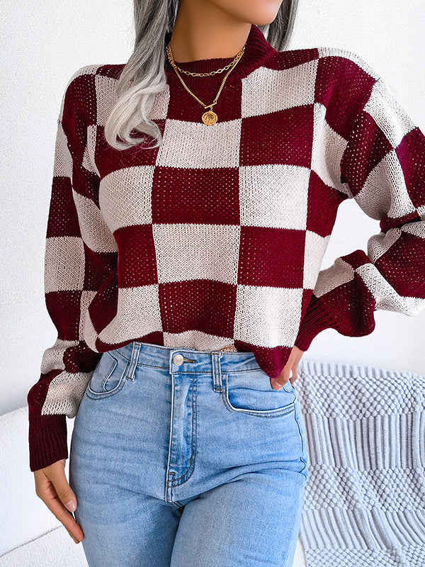 Long Sleeves Loose Contrast Color Plaid Round-Neck Sweater Tops