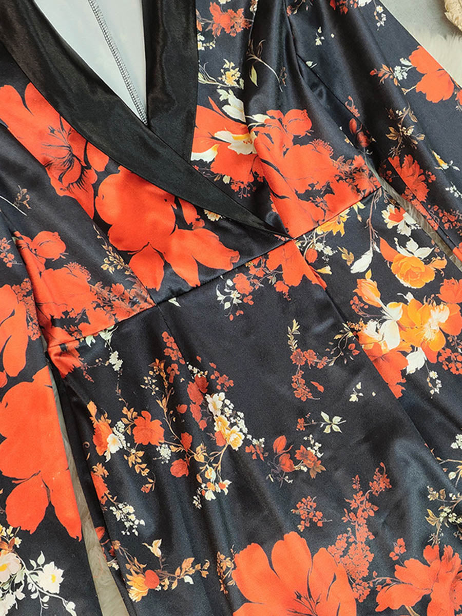 Bodycon High Waisted Contrast Color Flower Print Split-Back Split-Joint Lapel Mini Dresses