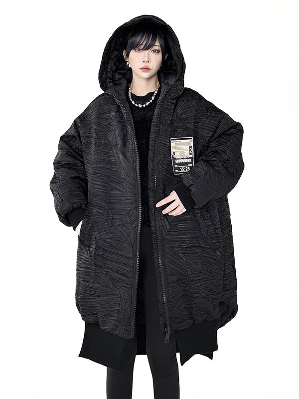 High-Low Irregularity Abstract Printed Contrast Color Split-Joint Zipper Hooded Outerwear Overcoat