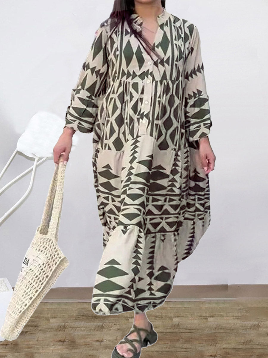 A-Line Long Sleeves Buttoned Contrast Color Pleated Printed Split-Joint Stand Collar Maxi Dresses Shirt Dress