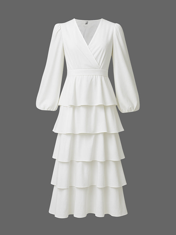 A-Line High Waisted Layered Solid Color V-Neck Maxi Dresses