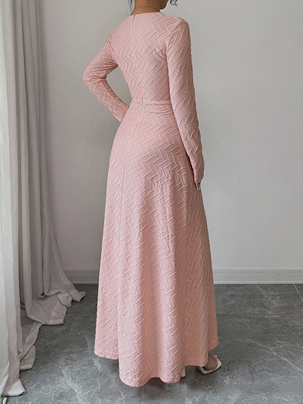 High Waisted Long Sleeves Pleated Solid Color Deep V-Neck Maxi Dresses