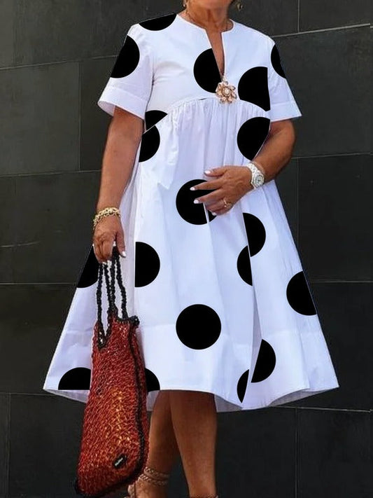 A-Line Short Sleeves Pleated Polka-Dot Printed Split-Joint Round-Neck Midi Dresses