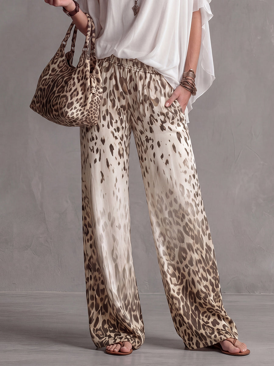 Loose Wide Leg Elasticity Gradient Leopard Pockets Trousers Wide Leg Pants