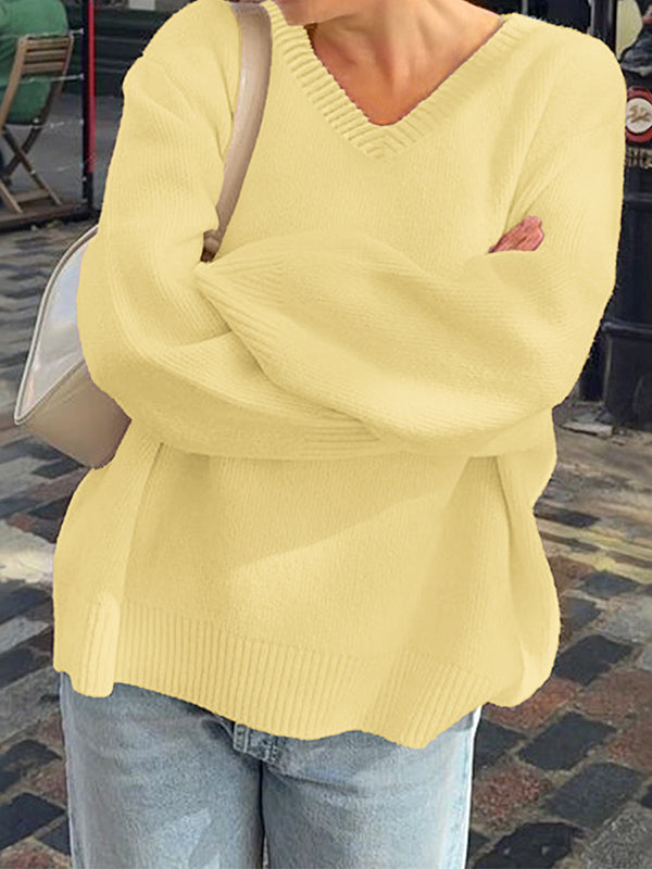 Long Sleeves Loose Ribs Solid Color V-Neck Sweater Tops