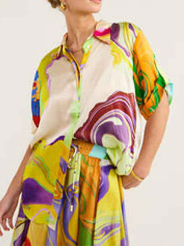 Loose Asymmetric Printed Lapel Blouse + A-Line Drawstring Elasticity Skirt Two Pieces Set
