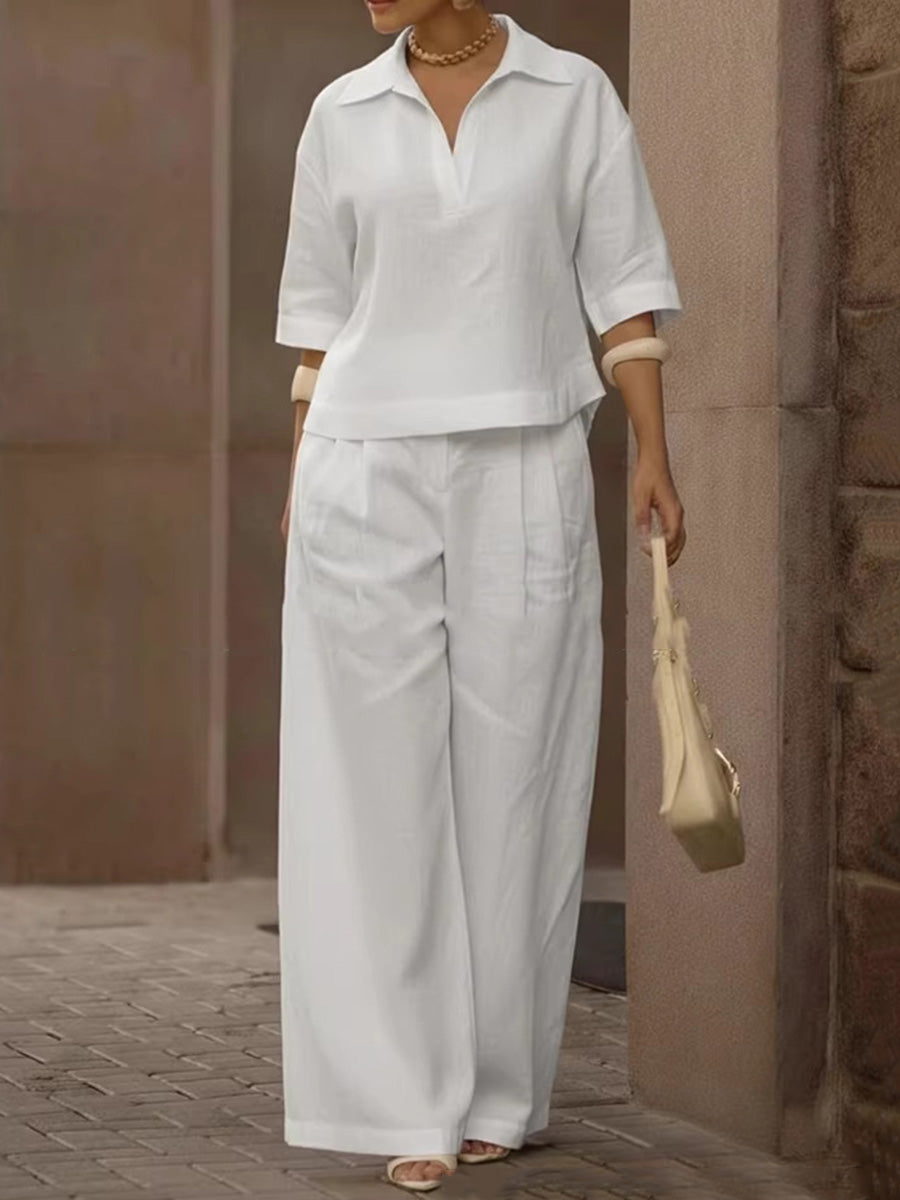 Solid Color Half Sleeves Lapel Blouses&Shirts Tops +  High Waisted Pleated Trousers Pants Two Pieces Set