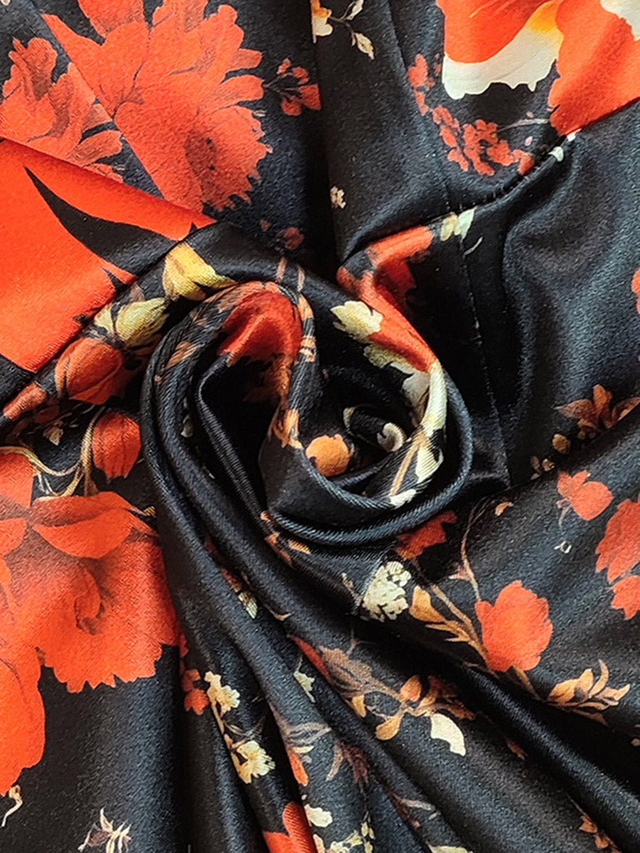 Bodycon High Waisted Contrast Color Flower Print Split-Back Split-Joint Lapel Mini Dresses