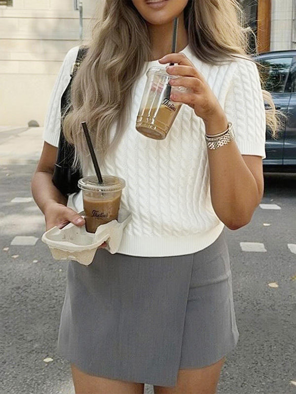 Short Sleeves Solid Color Split-Joint Round-neck Pullovers Sweater Tops