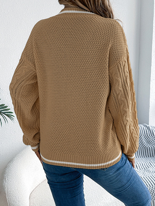 Long Sleeves Puff Sleeves Cable Knit Contrast Color Split-Joint V-Neck Knit Top Sweater Tops