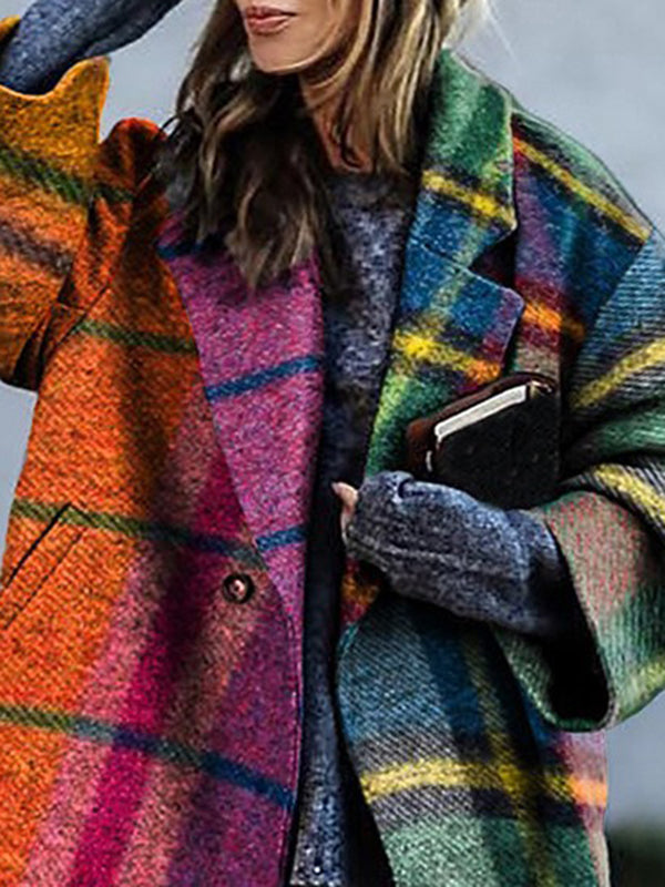 Loose Three-Quarter Sleeves Contrast Color Plaid Split-Joint Lapel Outerwear Windbreakers Woolen Coat