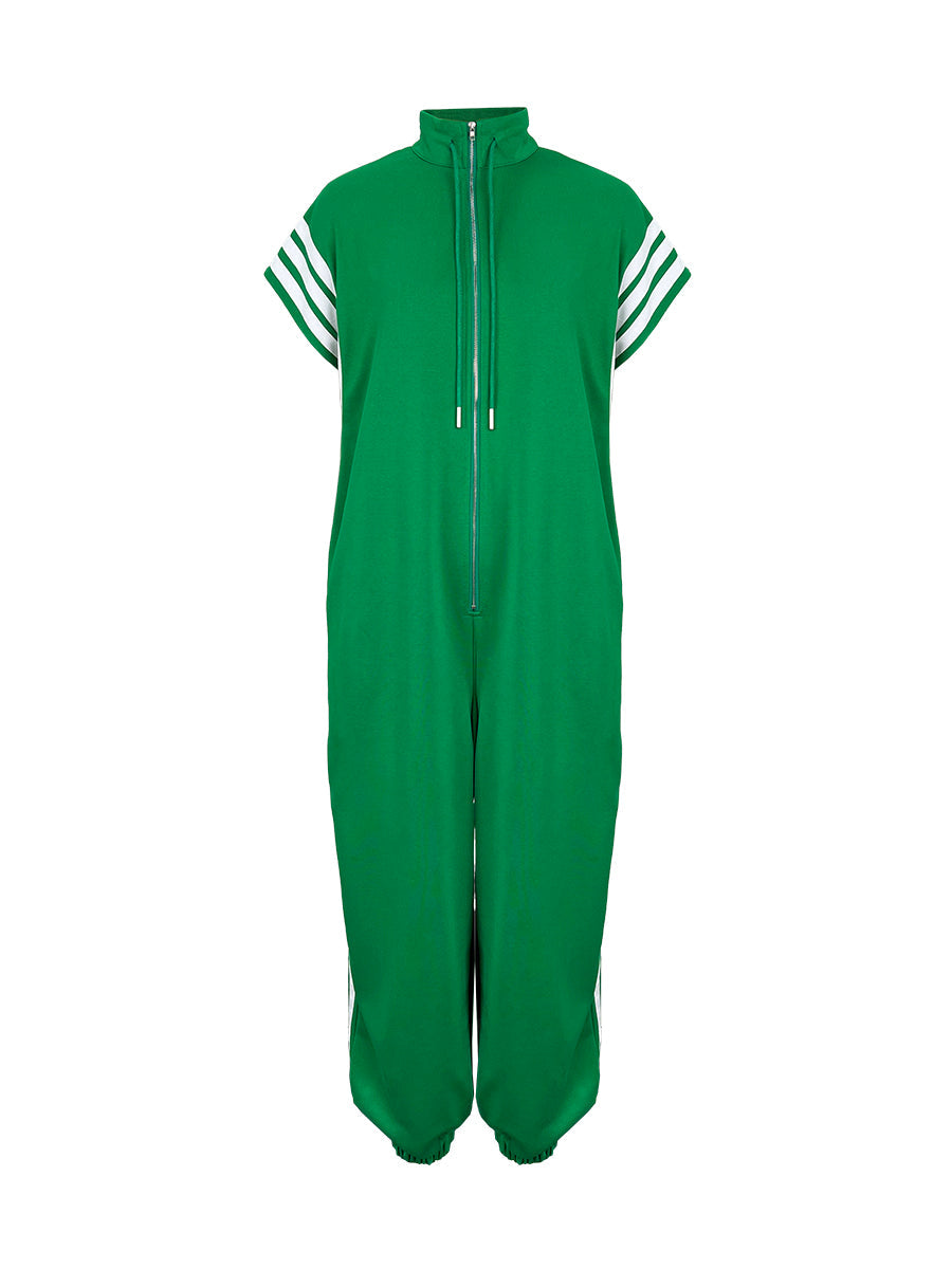 White Plus Size Contrast Color Pockets Split-Joint Striped Zipper Stand Collar Jumpsuits