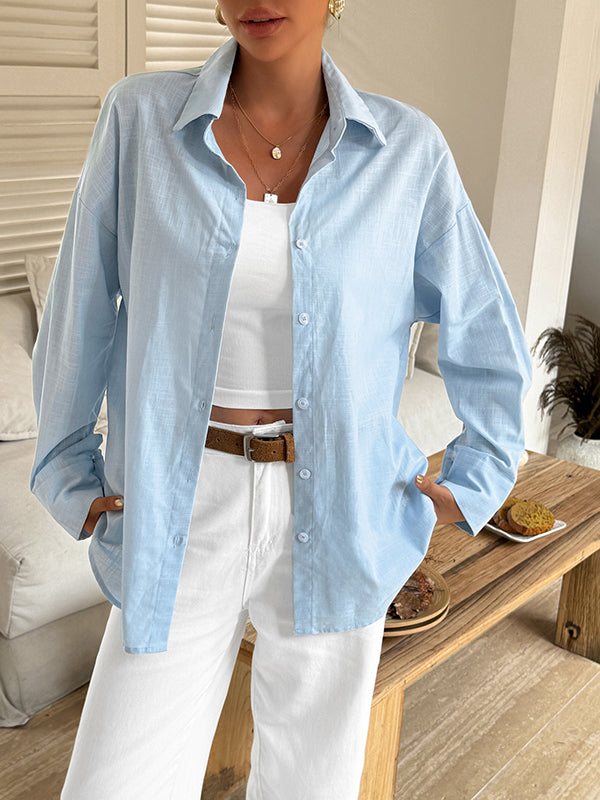 Long Sleeves Loose Buttoned Solid Color Lapel Blouses&Shirts Tops