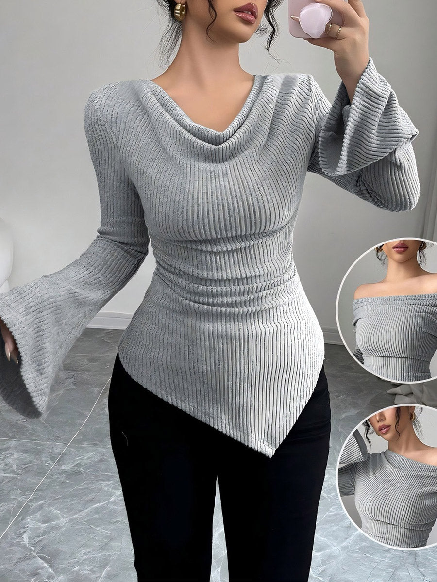 Flared Sleeves Irregularity Pleated Ribbed Knit Solid Color Heaps Collar T-Shirts Tops