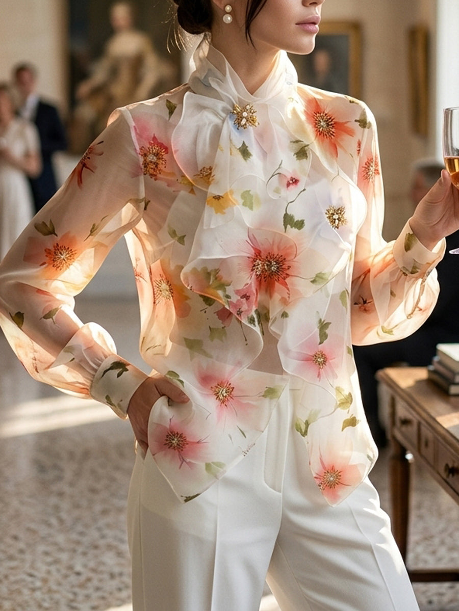 Long Sleeves Loose Flower Print Ruffled Tied Stand Collar Blouses&Shirts Tops