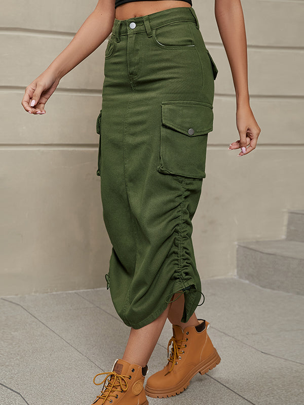 A-Line Buttoned Drawstring Pockets Solid Color Split-Side Skirts Bottoms