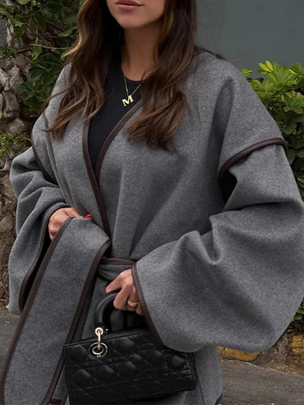 Long Sleeves Loose Pockets Solid Color Split-Joint Tied Waist V-neck Woolen Coat