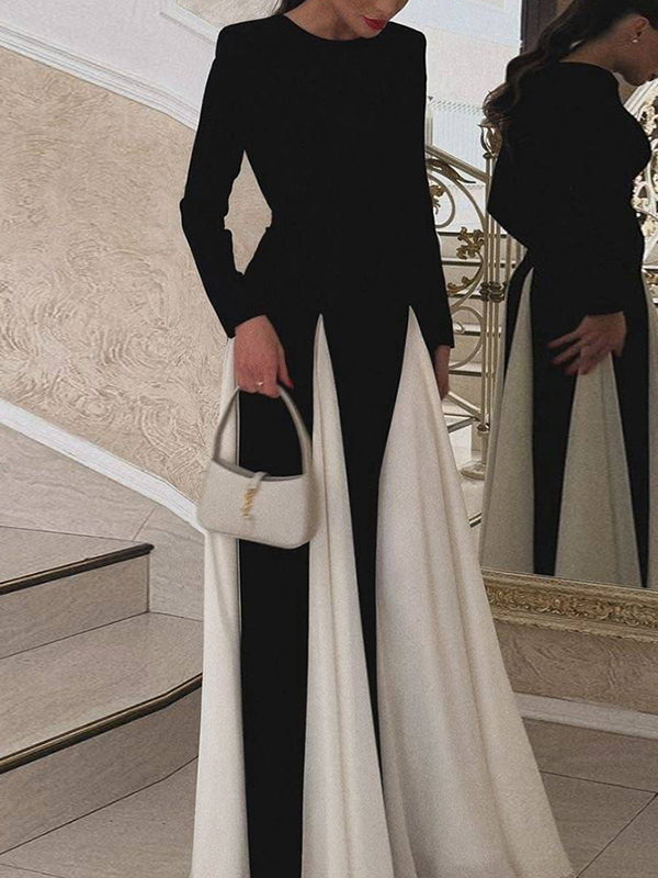 A-Line Long Sleeves Contrast Color Elasticity Pleated Split-Joint Round-Neck Evening Dresses Maxi Dresses