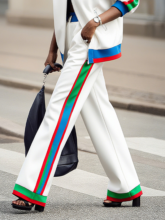 Column Contrast Color Pockets Striped Casual Pants Bottoms Trousers