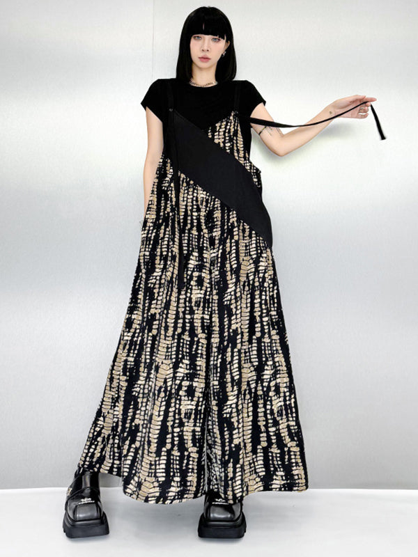 Loose Sleeveless Asymmetric Contrast Color Printed Split-Joint Spaghetti-Neck Overalls