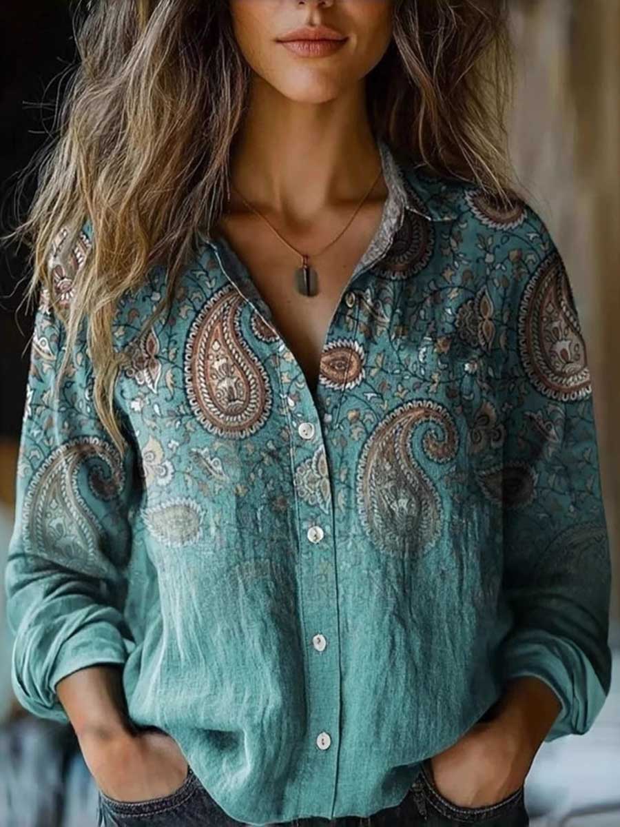 Long Sleeves Loose Buttoned Contrast Color Printed Split-Joint Lapel Blouses&Shirts Tops