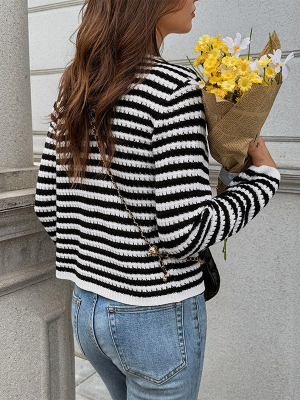 Long Sleeves Skinny Buttoned Contrast Color Pockets Single-Breasted Striped Collarless Cardigan Tops Outerwear