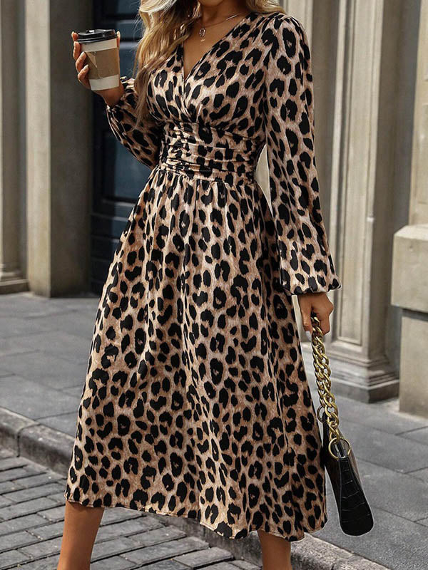Elasticated Waist High Waisted Contrast Color Leopard Pleated Split-Joint V-Neck Maxi Dresses