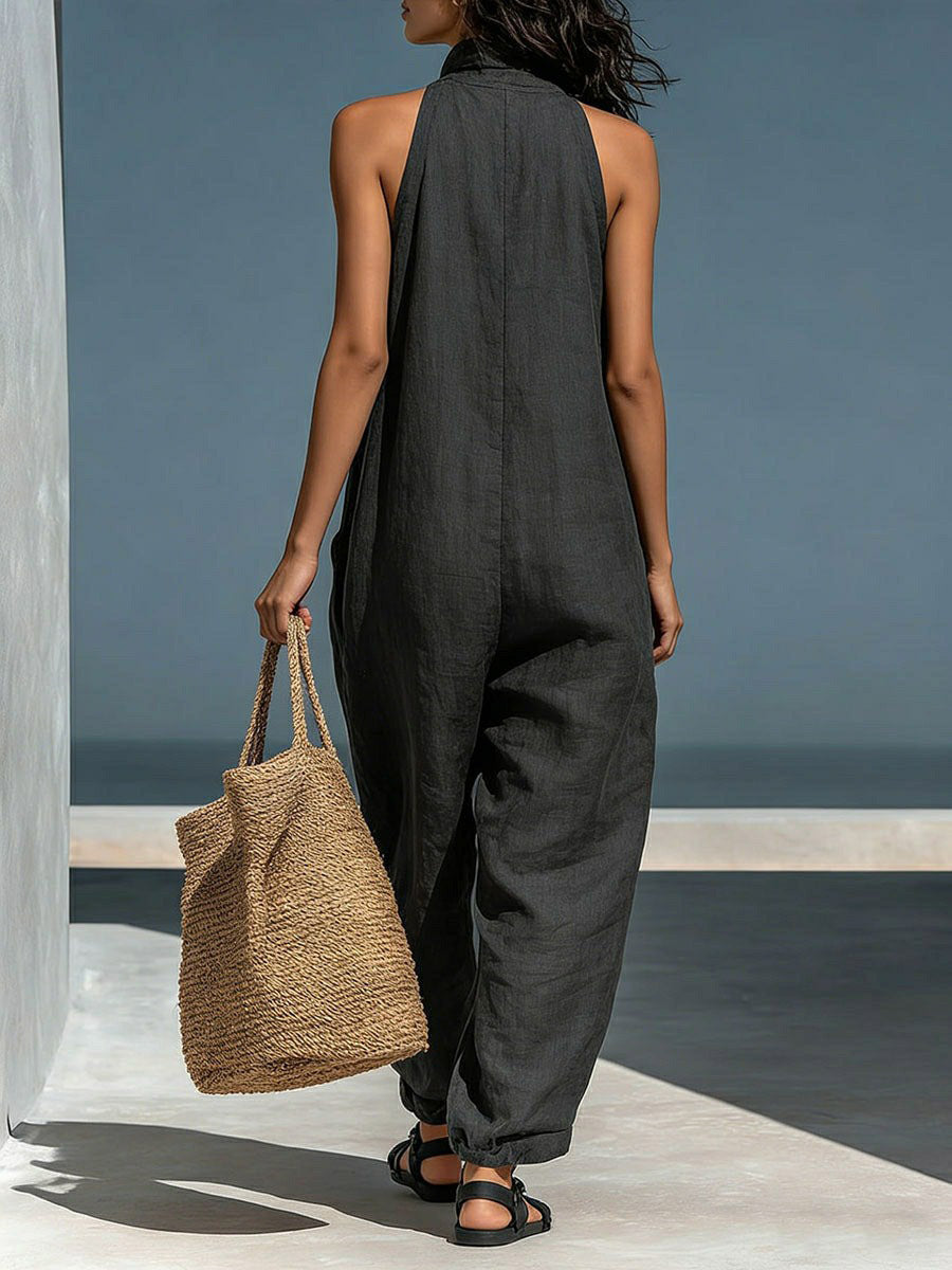 Loose Sleeveless Hollow Pockets Solid Color Mock Neck Jumpsuits