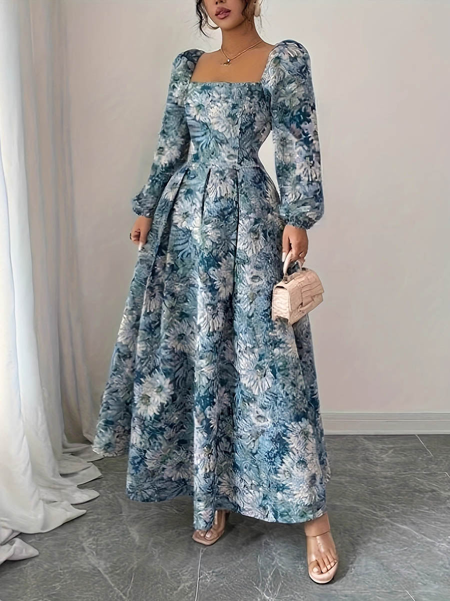 A-Line High Waisted Contrast Color Flower Print Pleated Split-Joint Square-Neck Maxi Dresses