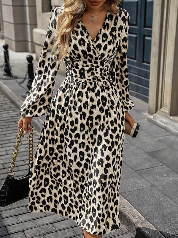 Elasticated Waist High Waisted Contrast Color Leopard Pleated Split-Joint V-Neck Maxi Dresses