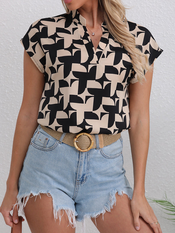 Loose Short Sleeves Contrast Color Print V-Neck Blouses&Shirts Tops