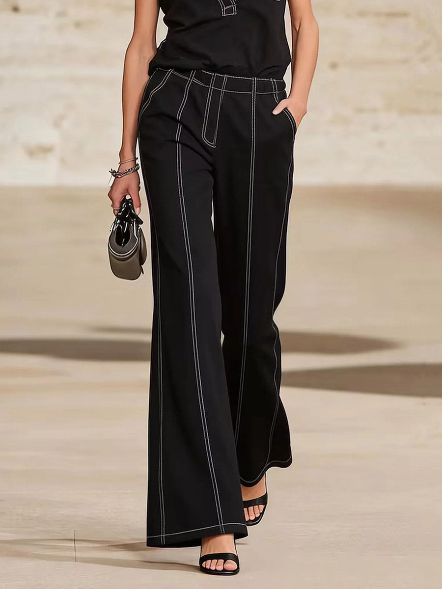 High Waisted Wide Leg Line Pockets Solid Color Pants Trousers