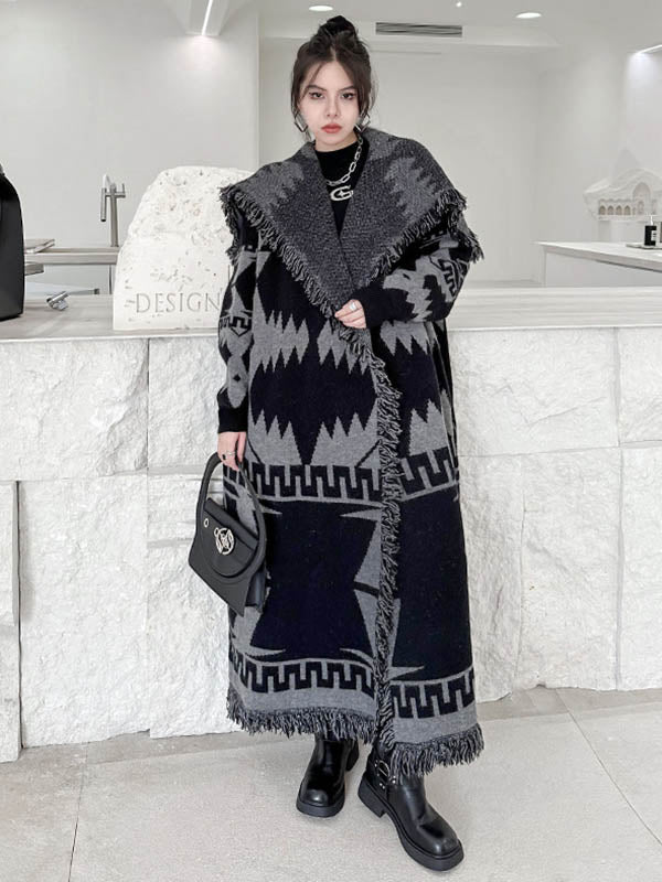 Long Sleeves Loose Contrast Color Geometric Split-Joint Tasseled Lapel Outerwear Overcoat