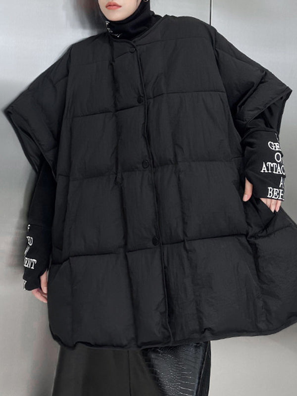 Batwing Sleeves Half Sleeves Buttoned Solid Color Round-Neck Padded Vest