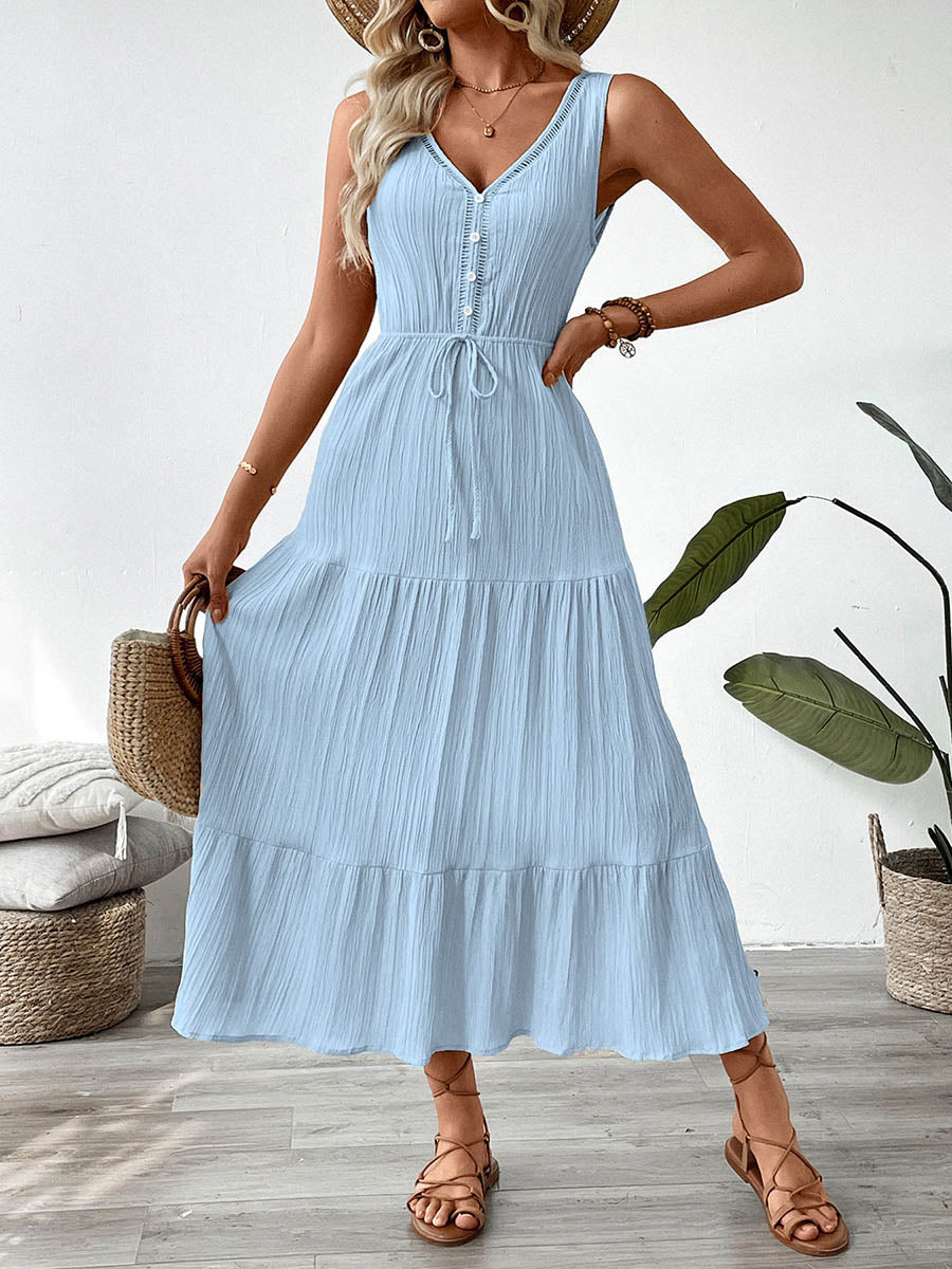 A-Line High Waisted Buttoned Pleated Solid Color Tied Waist V-Neck Maxi Dresses