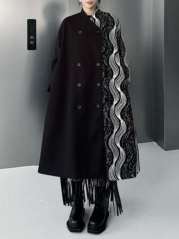 Long Sleeves Loose Buttoned Contrast Color Pockets Stand Collar Woolen Coat