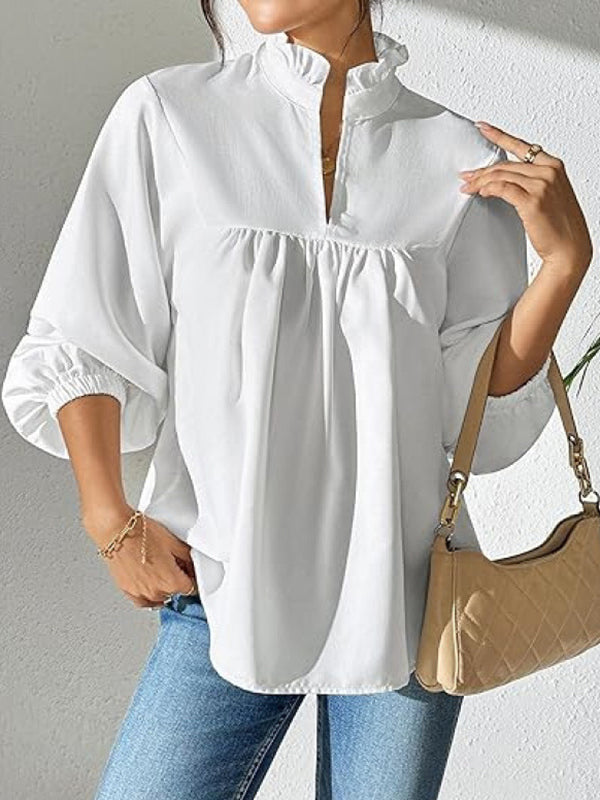 Long Sleeves Puff Sleeves Pleated Ruffled Solid Color Stand Collar Blouses&Shirts Tops