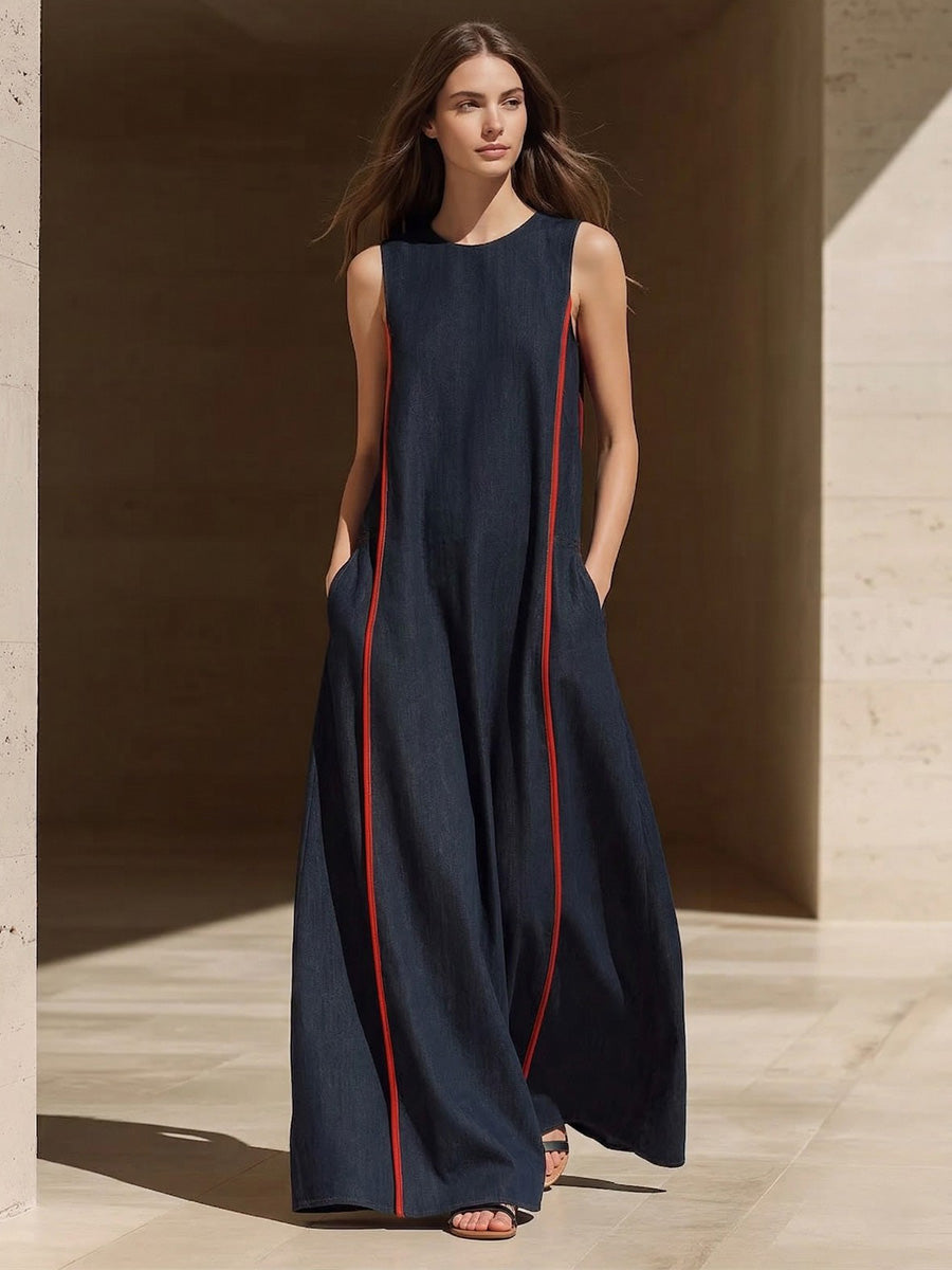 A-line Loose Contrast Color Pockets Split-Joint Round-neck Maxi Dresses