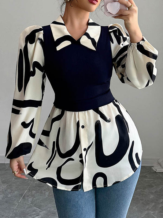 Long Sleeves Loose Buttoned Contrast Color Pleated Split-Joint Lapel Blouses&Shirts Tops